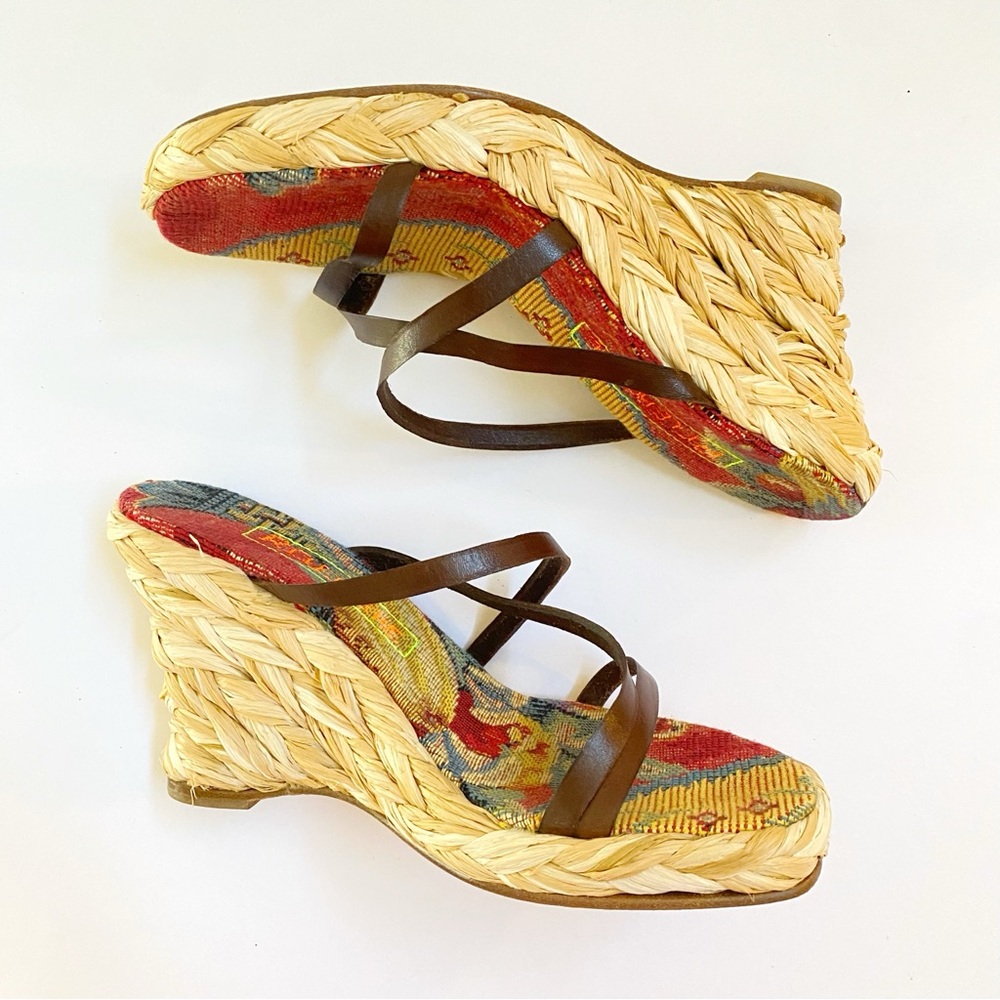 ROBERT CLERGERIE BROWN LEATHER STRAPS OPEN TOE BRAIDED ESPADRILLE WEDGES - Picture 3 of 9